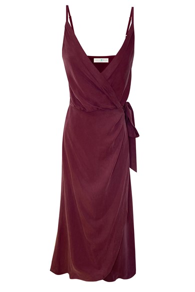 Bordo Anvelop Bağcıklı Midi Elbise