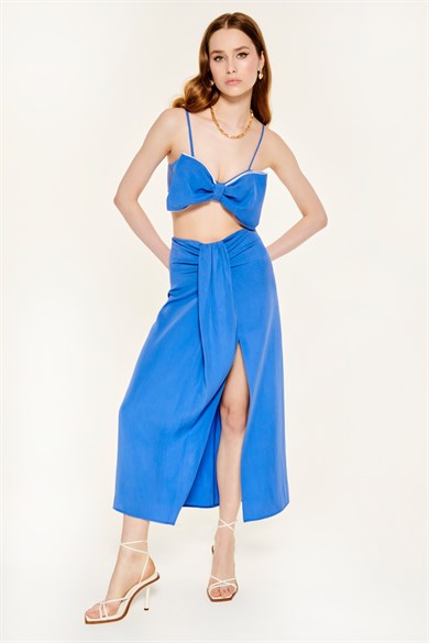 Draped Slit Maxi Skirt in Blue