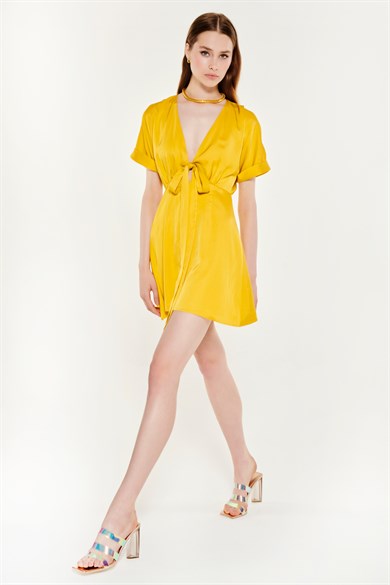 Window Detailed Mini Dress in Yellow